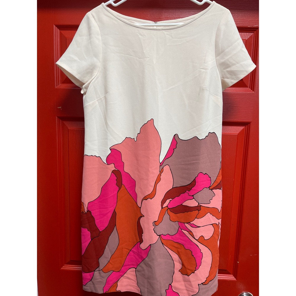 Ann Taylor LOFT Cream Floral Sheath Dress Pink Orange Graphic Print Size 8